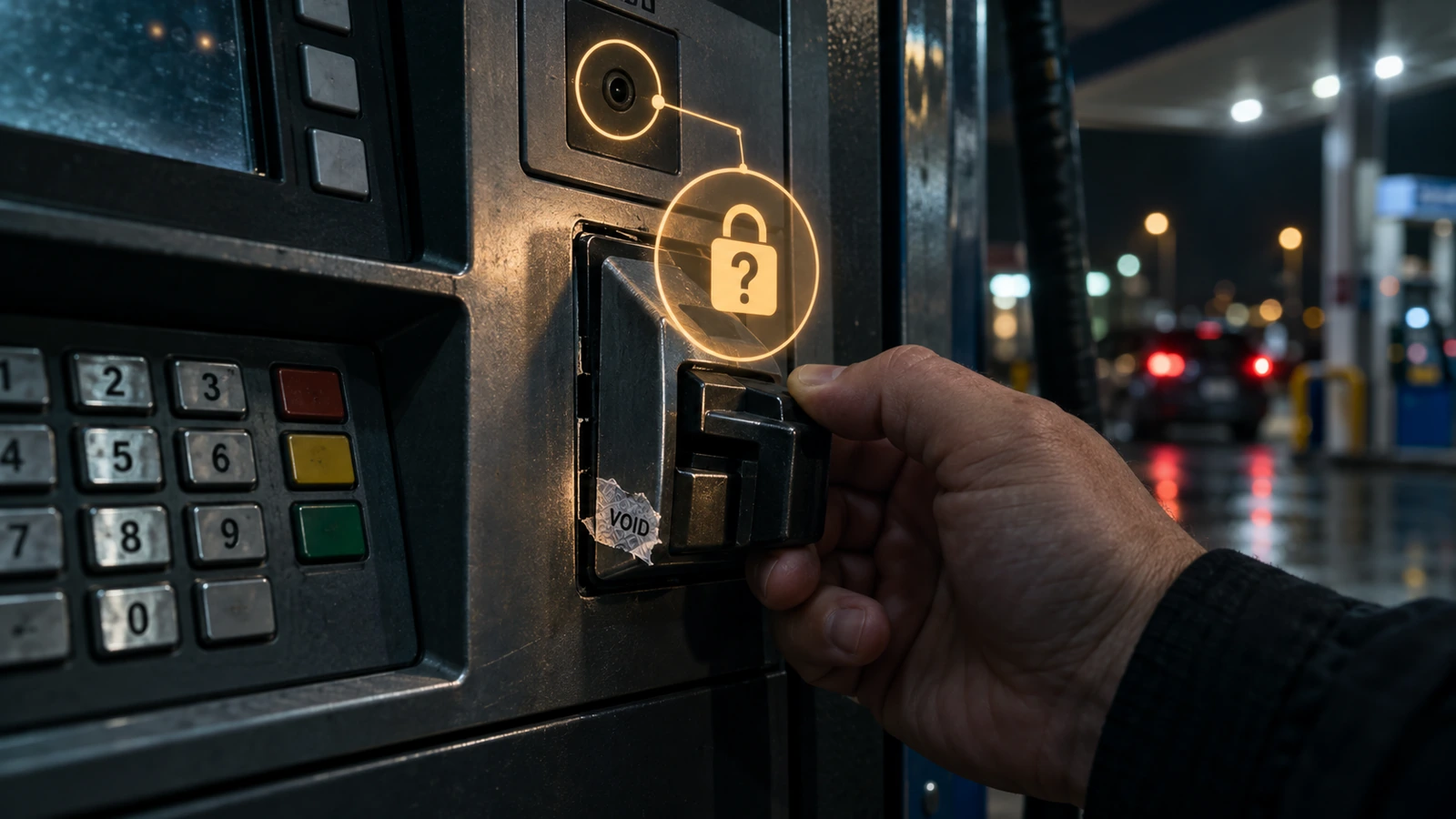 Spotting a Card Skimmer at the Gas Pump or ATM — editorial illustration