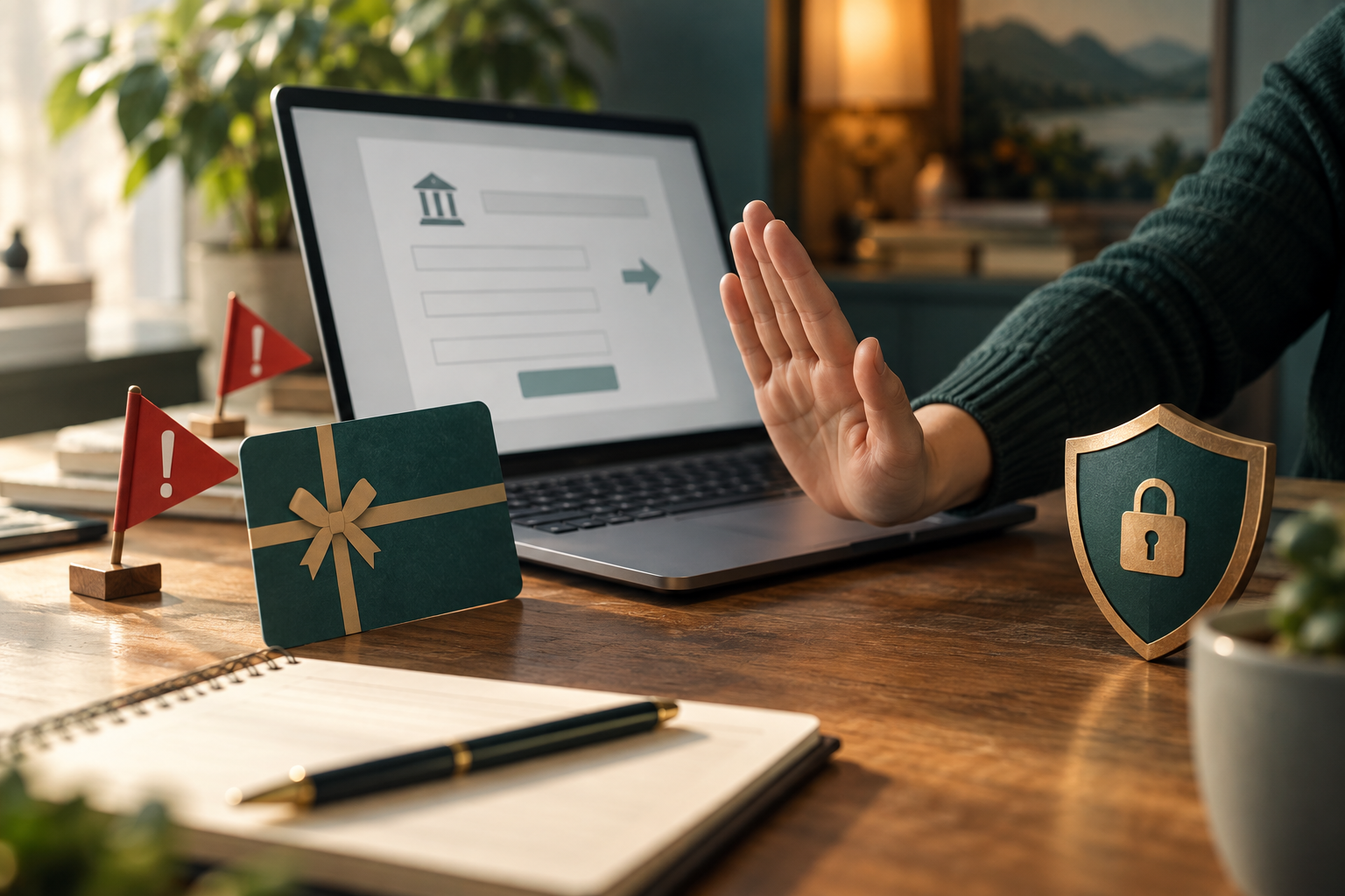 Gift Card, Wire, and "Pay to Fix It" Scams — editorial illustration